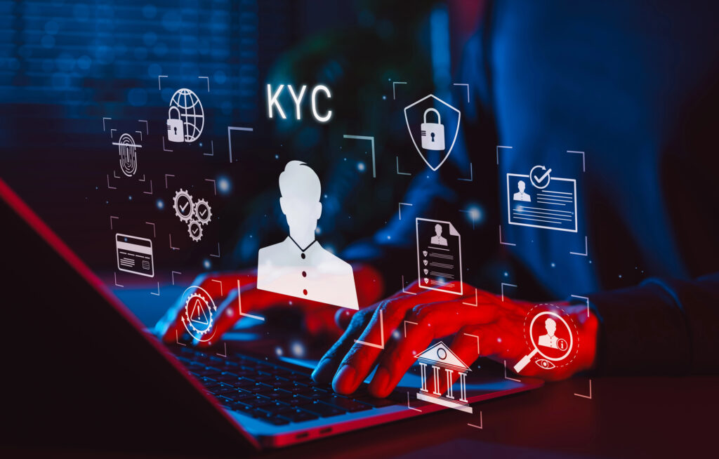 KYC identity verification process on laptop with security icons